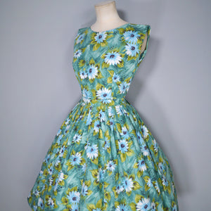 50s BLUE GREEN FLORAL PRINT HANDMADE COTTON DAY DRESS - S