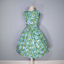 Load image into Gallery viewer, 50s BLUE GREEN FLORAL PRINT HANDMADE COTTON DAY DRESS - S