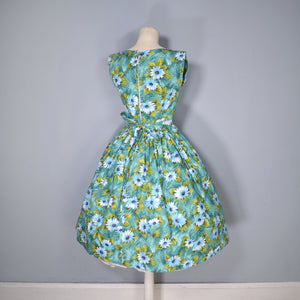 50s BLUE GREEN FLORAL PRINT HANDMADE COTTON DAY DRESS - S