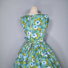 Load image into Gallery viewer, 50s BLUE GREEN FLORAL PRINT HANDMADE COTTON DAY DRESS - S