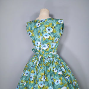 50s BLUE GREEN FLORAL PRINT HANDMADE COTTON DAY DRESS - S