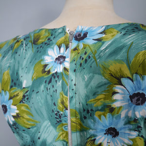 50s BLUE GREEN FLORAL PRINT HANDMADE COTTON DAY DRESS - S