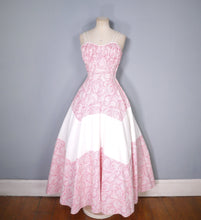 Load image into Gallery viewer, 40s RED WHITE SWIRL PRINT STRAPPY FULL SKIRTED EVENING DRESS - XS