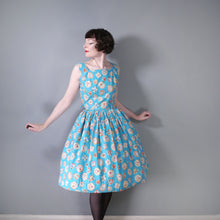 Load image into Gallery viewer, 50s NOVELTY GEM PRINT TURQUOISE COTTON DAY DRESS - S