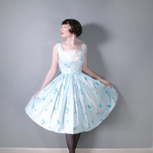 Load image into Gallery viewer, 50s CALIFORNIA COTTONS BLUE GINGHAM AND ROSE PRINT SUN DRESS - S