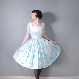 50s CALIFORNIA COTTONS BLUE GINGHAM AND ROSE PRINT SUN DRESS - S