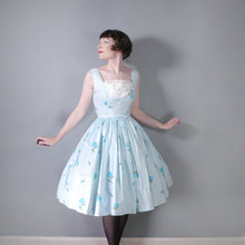 Load image into Gallery viewer, 50s CALIFORNIA COTTONS BLUE GINGHAM AND ROSE PRINT SUN DRESS - S