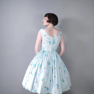 50s CALIFORNIA COTTONS BLUE GINGHAM AND ROSE PRINT SUN DRESS - S