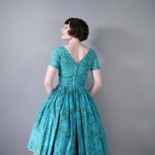 Load image into Gallery viewer, 50s TURQUOISE AND GREEN FLORAL PRINT FULL SKIRTED DRESS - S