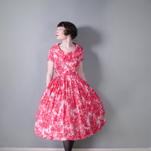 Load image into Gallery viewer, 50s 60s RED AND WHITE FULL SKIRTED SHIRT DRESS IN PAINTERLY FLORAL PRINT - S