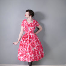 Load image into Gallery viewer, 50s 60s RED AND WHITE FULL SKIRTED SHIRT DRESS IN PAINTERLY FLORAL PRINT - S