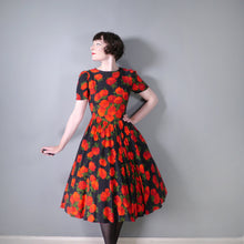 Load image into Gallery viewer, 80s does 50s BLACK FULL SKIRTED DRESS WITH BIG RED ROSE PRINT - S