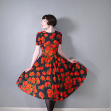 Load image into Gallery viewer, 80s does 50s BLACK FULL SKIRTED DRESS WITH BIG RED ROSE PRINT - S