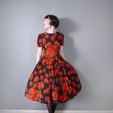 Load image into Gallery viewer, 80s does 50s BLACK FULL SKIRTED DRESS WITH BIG RED ROSE PRINT - S