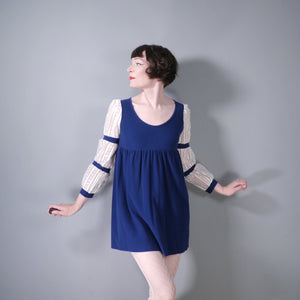 60s GOTHIC DEEP BLUE VELOUR MINI EMPIRE MOD DRESS WITH LACE SLEEVES - XS