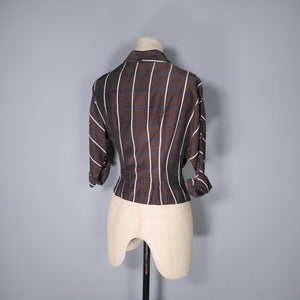 50s BROWN PREPPY RITE-FIT CHECKED BLOUSE / SHIRT - M
