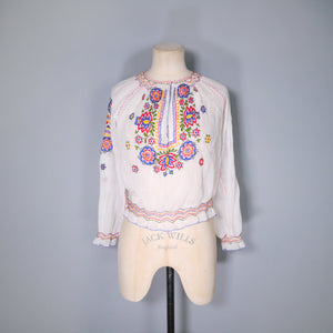 40s HUNGARIAN GAUZE COTTON EMBROIDERED FOLK BLOUSE - M