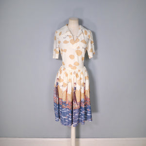 70s BIG FASHIONABLE ART DECO LADIES BORDER PRINT TEA DRESS - S