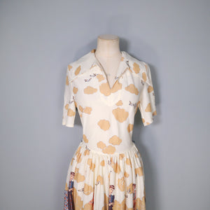 70s BIG FASHIONABLE ART DECO LADIES BORDER PRINT TEA DRESS - S