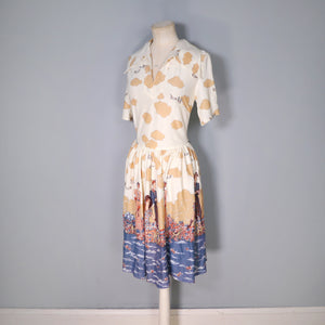 70s BIG FASHIONABLE ART DECO LADIES BORDER PRINT TEA DRESS - S