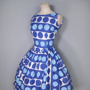 50s 60s BERKERTEX CONTINENTALS BLUE POLKA DOT AND STRIPE PRINT COTTON DRESS - XS