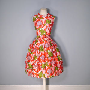 50s 60s RED AND PINK HUGE FLORAL PRINT COCKTAIL DRESS - XS-S