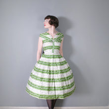 Load image into Gallery viewer, 50s GREEN AND WHITE FLORAL BAND PRINT 50s FULL SKIRTED COTTON DAY DRESS - S