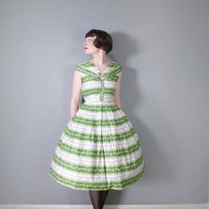 50s GREEN AND WHITE FLORAL BAND PRINT 50s FULL SKIRTED COTTON DAY DRESS - S