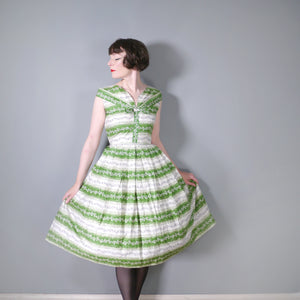 50s GREEN AND WHITE FLORAL BAND PRINT 50s FULL SKIRTED COTTON DAY DRESS - S