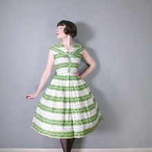 Load image into Gallery viewer, 50s GREEN AND WHITE FLORAL BAND PRINT 50s FULL SKIRTED COTTON DAY DRESS - S