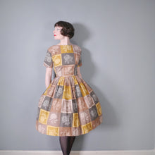 Load image into Gallery viewer, 50s &quot;STYLE QUEEN&quot; BROWN ROSE STENCIL PRINT FULL SKIRTED COTTON DRESS - S-M