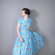 Load image into Gallery viewer, 50s TURQUOISE FLORAL COTTON DRESS WITH PINK AND RED ROSE PRINT - VOLUP / L