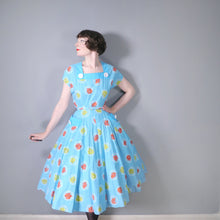 Load image into Gallery viewer, 50s TURQUOISE FLORAL COTTON DRESS WITH PINK AND RED ROSE PRINT - VOLUP / L