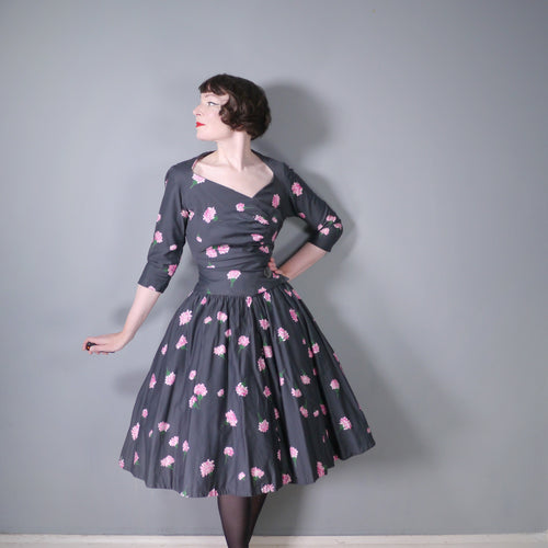 50s DARK GREY AND PINK CARNATION PRINT FULL SKIRTED COTTON DRESS - S
