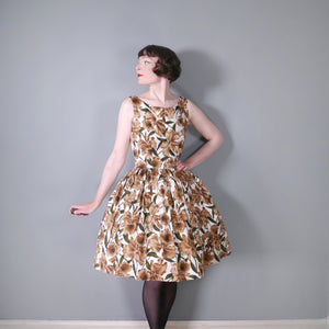 50s 60s LARGE BROWN FLORAL PRINT FULL SKIRTED COTTON DRESS WITH SASH - M