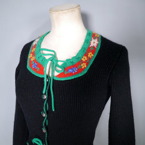 60s BAVARIAN RIB KNIT WITH EMBROIDERED FLOWERS FOLKLORE CARDIGAN - PETITE XS