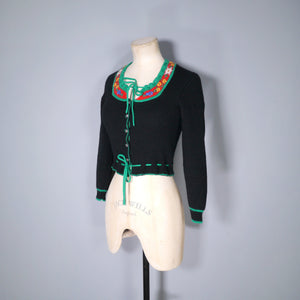 60s BAVARIAN RIB KNIT WITH EMBROIDERED FLOWERS FOLKLORE CARDIGAN - PETITE XS