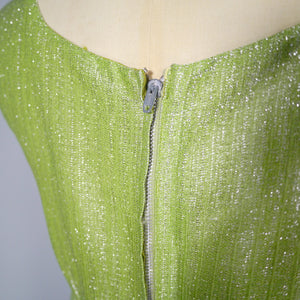 60s PALE GREEN SHIMMERING LUREX EMPIRE MINI PARTY DRESS - M