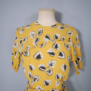 40s YELLOW CREPE TEA DRESSS WITH BLACK AND WHITE LEAF PRINT - XS