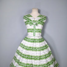 Load image into Gallery viewer, 50s GREEN AND WHITE FLORAL BAND PRINT 50s FULL SKIRTED COTTON DAY DRESS - S