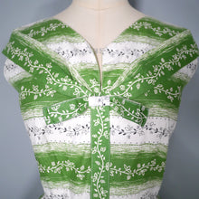 Load image into Gallery viewer, 50s GREEN AND WHITE FLORAL BAND PRINT 50s FULL SKIRTED COTTON DAY DRESS - S
