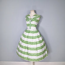 Load image into Gallery viewer, 50s GREEN AND WHITE FLORAL BAND PRINT 50s FULL SKIRTED COTTON DAY DRESS - S