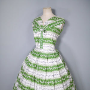 50s GREEN AND WHITE FLORAL BAND PRINT 50s FULL SKIRTED COTTON DAY DRESS - S
