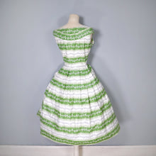 Load image into Gallery viewer, 50s GREEN AND WHITE FLORAL BAND PRINT 50s FULL SKIRTED COTTON DAY DRESS - S