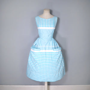 50s 60s TURQUOISE GINGHAM COTTON SUN DRESS WITH BIG POCKETS - S