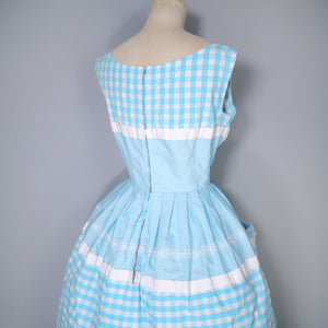 50s 60s TURQUOISE GINGHAM COTTON SUN DRESS WITH BIG POCKETS - S