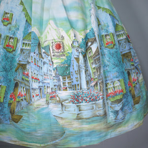 50s GREEN NOVELTY BORDER PRINT ALPINE CITYSCAPE SKIRT - 32" / Volup