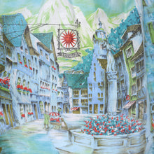 Load image into Gallery viewer, 50s GREEN NOVELTY BORDER PRINT ALPINE CITYSCAPE SKIRT - 32&quot; / Volup