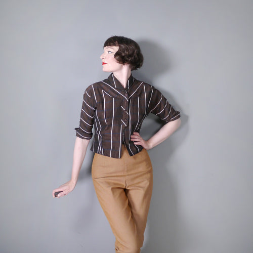 50s BROWN PREPPY RITE-FIT CHECKED BLOUSE / SHIRT - M