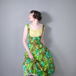 60s BRIGHT GREEN SUN DRESS WITH GATHERED SHELF BUST - S
